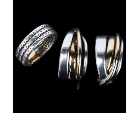 Various silver jewellery, comprising band ring, size L, and pair of clip-on earrings, 25.3mm, 26.5g totalNo damage or repair,