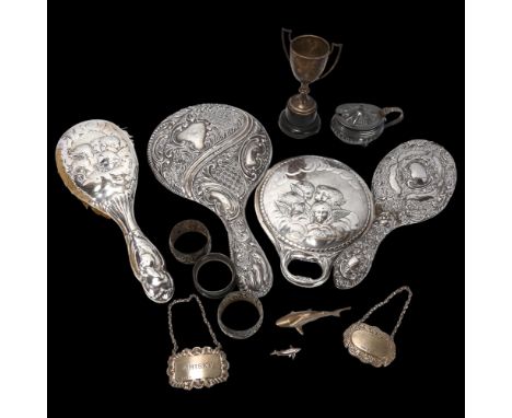 Various silver, including dressing table hand mirror, brushes, napkin rings, mustard pot etcLot sold as seen unless specific 