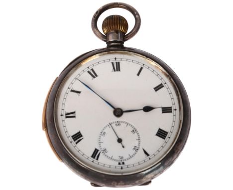 An early 20th century silver-cased open-face keyless minute repeater pocket watch, white enamel dial with Roman numeral hour 