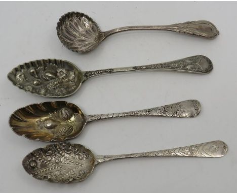 A silver ladle hallmarked London 1882 , 2 silver berry spoons , hallmarks London 1788 and London 1772 plus a plated example t