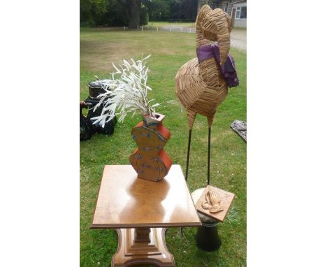 wooden lounge side table 50cm squared, good condition, a bongo, a Chinese decorated vase with dried flowers a Bergman wooden 