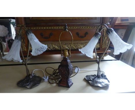 &nbsp;pair glass opaque bedside lamps with brass bases along with another lamp base, good condition&nbsp; 40 cm high (3)