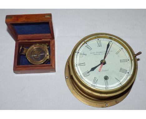   20C brass compass with brass mounted campaign box  A ships sestrel brass bulk head clock, Henry Browne and son Ltd Barking.