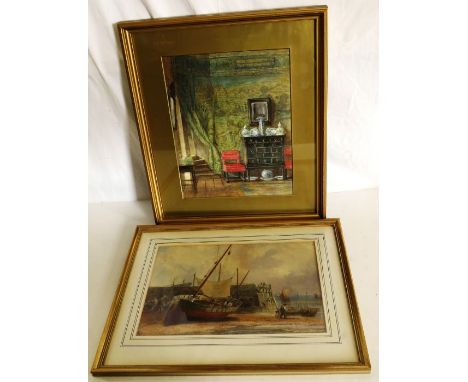 2 19th century water colours , a harbour scene with a monogram and 61 , 23cm x 34cm , and a painting of old blue tapestry at 