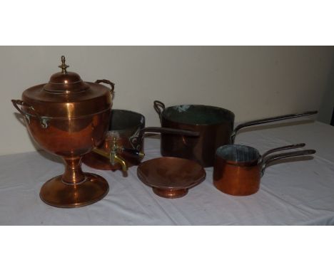  Group of 20th C kitchen copper cooking pans and water urn  urn stands 28cm to top of finial, the largest pan diameter 26cm a