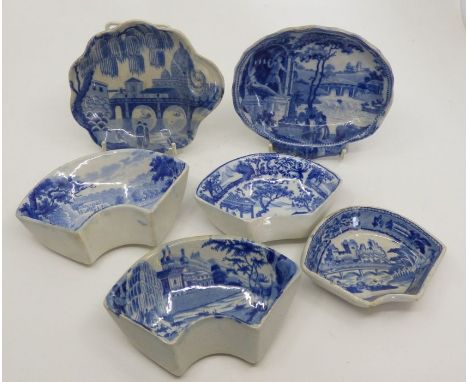 6 early 19th century pearlware pickle dishes , patterns to include Tiber , Philosopher , Chinese traders , Ridgway pic-nic , 
