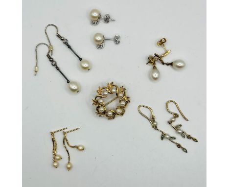 A selection of pearl jewellery to include: A 9ct gold wreath brooch with eight cultured pearls (weight approx 4.7 grams); two