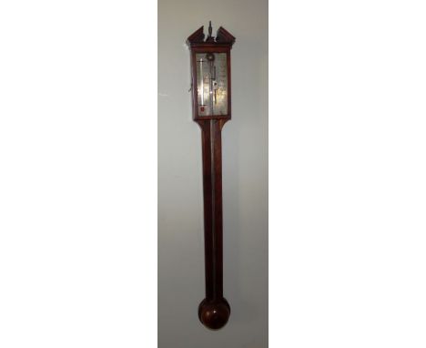 A George III mahogany wall hanging  stick barometer by Garof & Co, Edinburgh, broken pediment mounted with a brass finial. 94