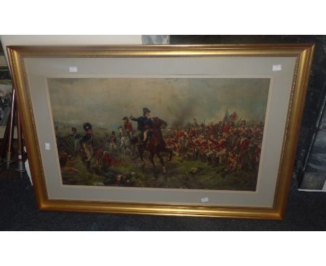   A large gilt framed signed  bottom left R Hillingford  19C  2 coloured print Wellington & waterloo inside mount measurement