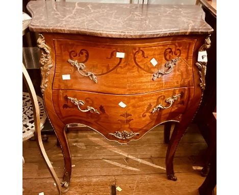 A Louis XV style Kingwood type commode, serpentine marble top on a bombe shaped commode with gilt mounted handles on two draw
