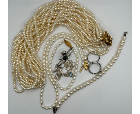 A set of sterling silver jewellery and strands of cultured pearl jewellery: to include a ten strand keshi pearl necklet with 