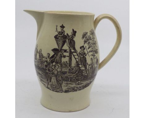 English creamware jug decorated with a transfer print of The Jolly miller rhyme "Grinding old women young " and a print of th