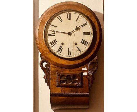 A 19th Century burr walnut drop dial wall clock, circular enamel dial with Roman numerals.
