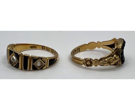 A pair of 19th century 18 carat gold mourning rings: A Victorian black enamel and rose cut diamond set mourning ring, hallmar