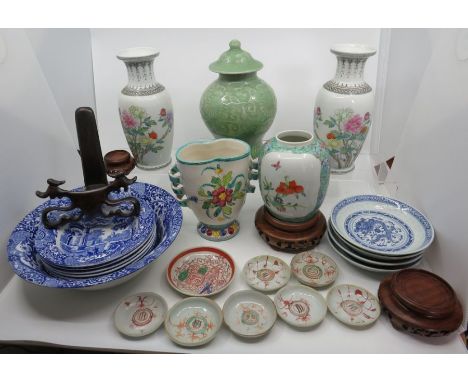 Mixed group of ceramics to include a Chinese celadon jar and cover , pair of Chinese vases , Italian vase , set of Spode Ital