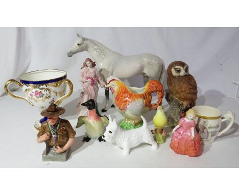 Group of mixed ceramics to include a Beswick Bois Rousell horse , 2 Copeland Spode birds , Cauldon tyg . Wedgwood figure , Ro