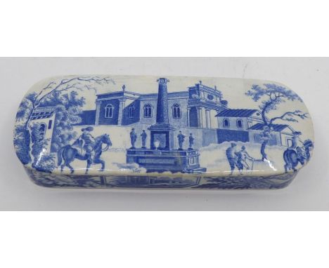 Don pottery pearlware blue and white transfer printed razor / toothbrush box . with an Italian scene , circa 1820 . 17.5cm x 