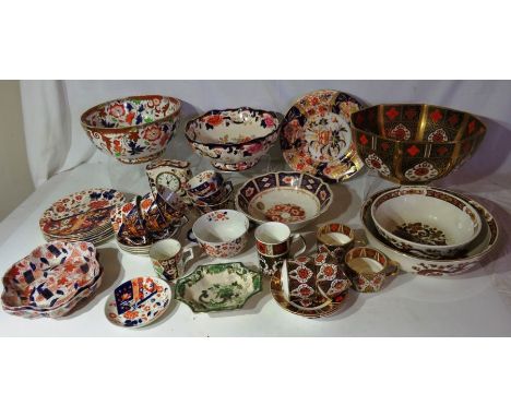 Large collection of mixed Imari pattern wares , to include an early 19th C Coalport plate , Early Derby coffee can , a Victor