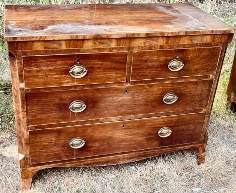 A George IV mahogany and satinwood strung chest of drawers, in rectangular form with a slight over-sailing top, above two sho