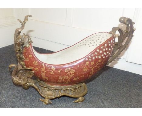  Chinese Castilian modern ceramic pot  with brass mounts and feet 20th C measures 43cm long and 33cm to its highest point