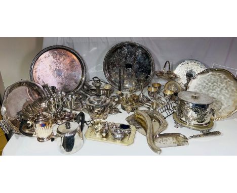 A large quantity of quality, largely modern, silver plate, to include serving trays, crumb brush and tray, tea caddy, serving