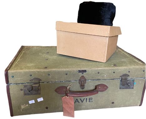 a 1940s wwii army canvas covered suitcase with the name DAVIE stamped in black, and a 1950s/60s rabbit fur hat by Debenham &a