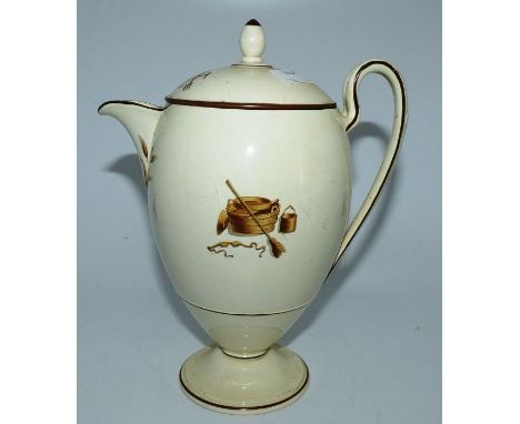 Wedgwood creamware jug and cover , decorated with transfer prints of farming tools early 19th C  impressed upper case mark to