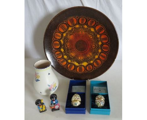 Poole pottery charger and vase , 2 Robertson jam figures and 2 Bilston & Battersea enamel Easter eggssmall glaze flake on the