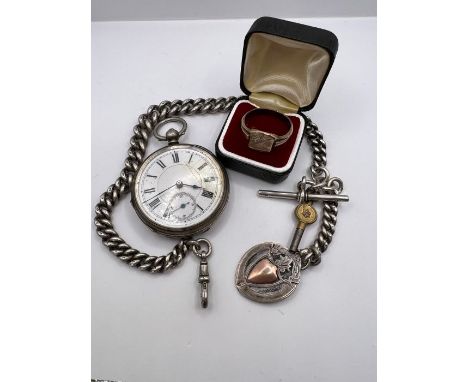 A continental silver (800) pocket watch (untested), along with a hallmarked sterling silver Albert (gross weight approx 85 gr