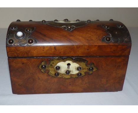  A Burr Walnut mid 19C tea caddy ivory and brass mounted  20cm in length and 12cm high 