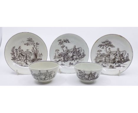 3 Worcester saucers and 2 teabowls decorated with a transfer prints of the tea party and maid with a  page pattern with print