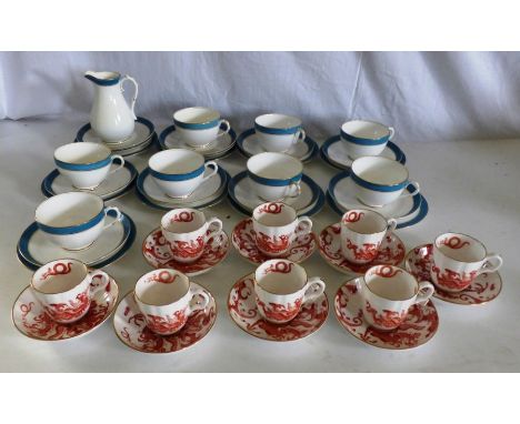 2 Royal Worcester part tea and coffee services . 8&nbsp; red dragons coffee cups and saucers dated 1953 . Blue band part tea 