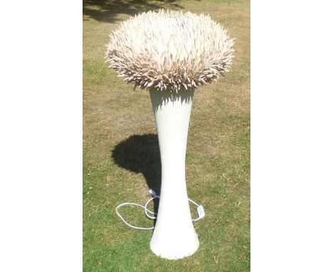  A tall stone coloured lamp base with wooden lamp shade 83cm high not pat tested, plug supplied
