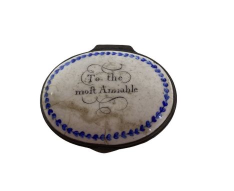 A late 18th century Bilston oval enamel patch box C1790, the lid with the motto "To the Most Amiable" 4cm width (1)