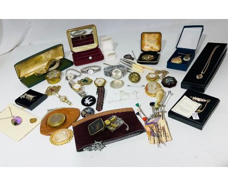 A large collection of interesting items including seven wristwatches (both gents and ladies); a Japanese niello Mount fuji ke