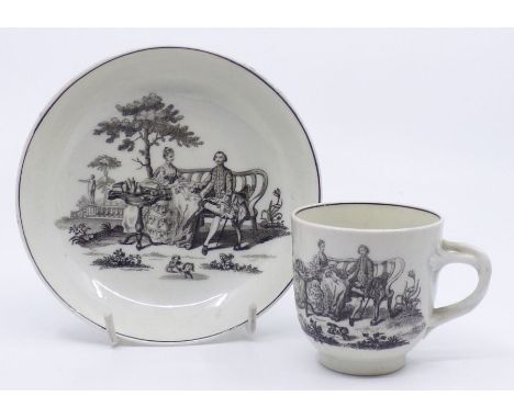 Worcester coffee cup and saucer decorated with a transfer prints of the tea party and maid with a  page patterns , circa 1760