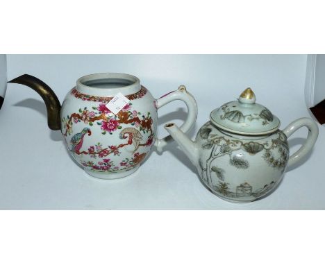 2 Chinese export 18th C teapots , gresaille decorated with  birds with a shell border and enriched with gilding , and a famil