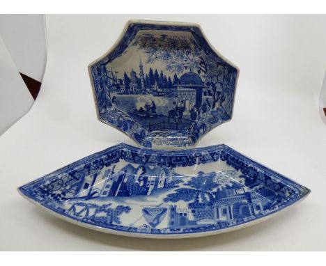A Ridgway Eastern Port dessert dish 21cm and a castle and fisherman supper dish segment , early 19th century .Good condition 