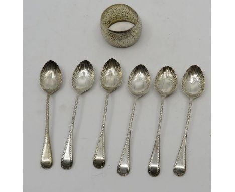 A set of Silver coffee spoons , Sheffied 1942 and a silver napkin ring Birmingham 1911 , 106 grams