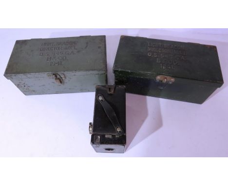 2 British Army WW2 light beacon director MK 1 , OS.545.GA , B&co 1941 tin boxesand an Agfa camera