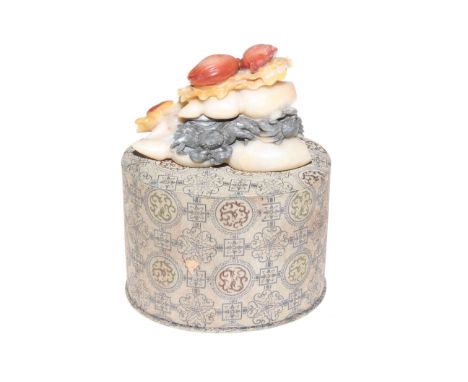 Chinese soapstone sealife boulder carved with crabs and other sea creatures, with box, 12cm by 8cm.