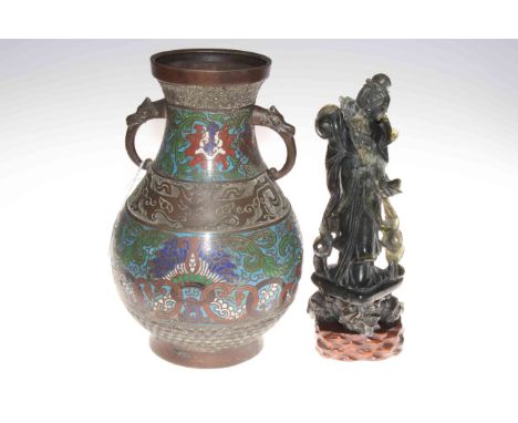 Chinese bronze and enamel vase and green soapstone figure of Guanyin on wooden stand (2).