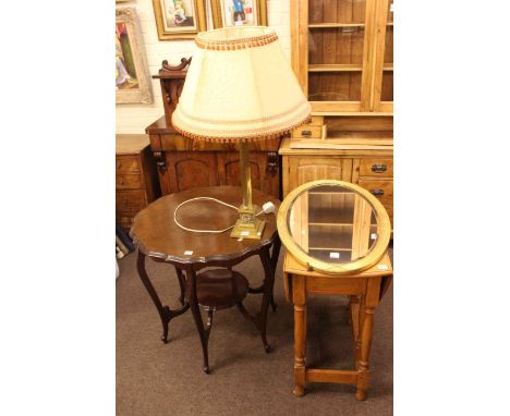 Late 19th Century circular shaped top occasional table, oak drop leaf table, oval gilt framed bevelled wall mirror and brass 