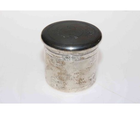 Victorian silver cylindrical box with engine turned and engraved decoration, London 1869.