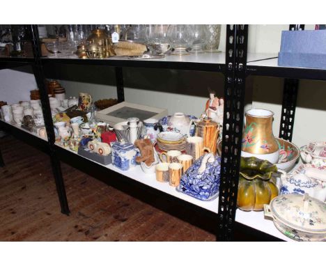 Large shelf collection of Hornsea, Wedgwood, Royal Doulton, Sylvac, Masons, Staffordshire figurine, Linthorpe style jardinier