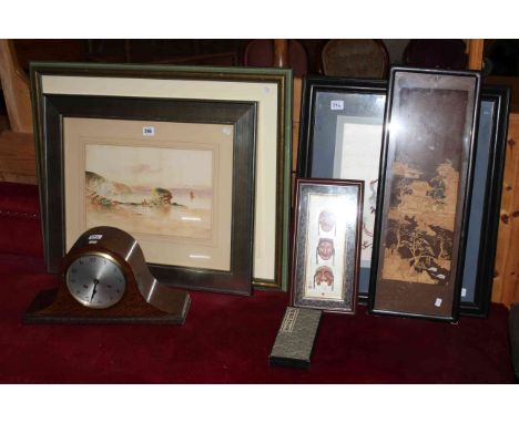 F.W. Reavley, Shoreline, watercolour, Ashley Jackson print, Oriental Silk, Cork Sculpture, Korean masks, mantel clock, etc.
