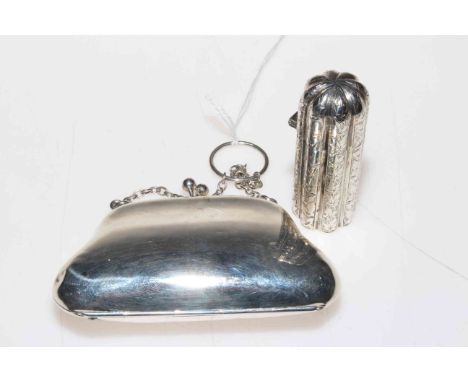 Victorian silver scent flask with engraved decoration and silver purse (2).