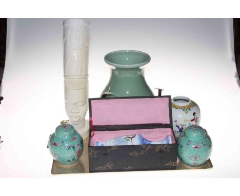 Chinese Celadon vase, carved tusk vase, boxed Chinese vase, pair of Famille Rose ginger jars, etc.