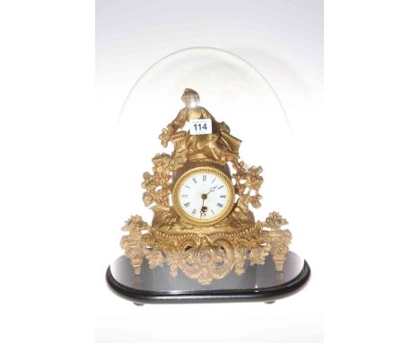Continental gilt metal figural mantel clock under glazed dome, 40cm by 32cm.