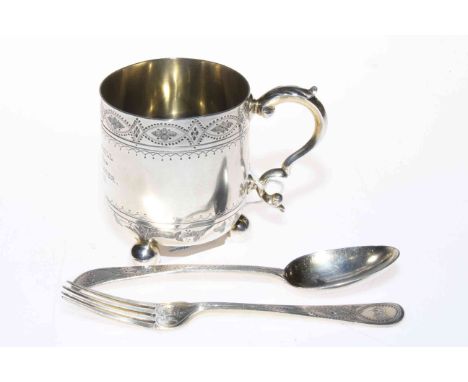 Victorian engraved silver cup on ball feet with matching spoon and fork, by Henry &amp; Henry Lias, London 1873.